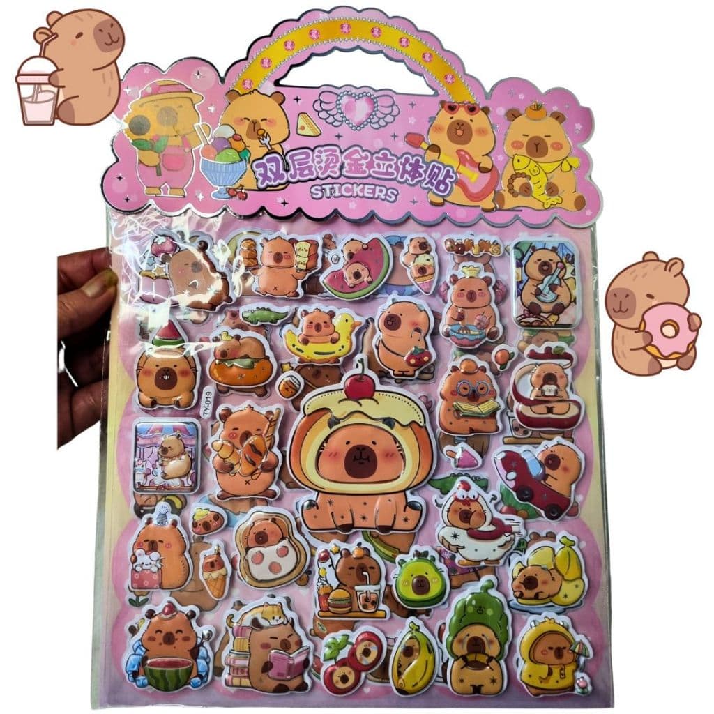 Kit 2 Cartelas Grandes de Adesivos Capivara 3D Alto Relevo - Papelaria Fofa