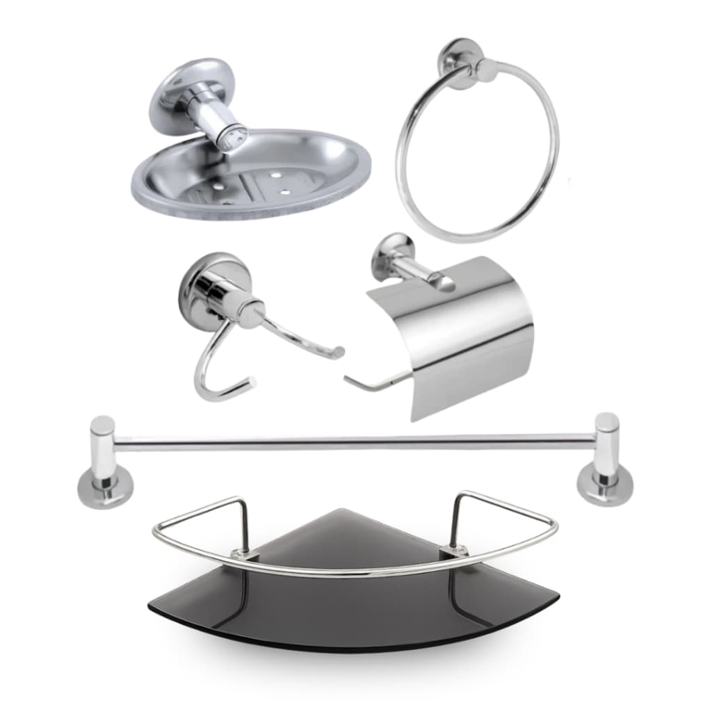 Kit Acessórios Banheiro 5 Peças Inox + Porta Shampoo Prateleira Canto Vidro Fume Preto Organizador Box
