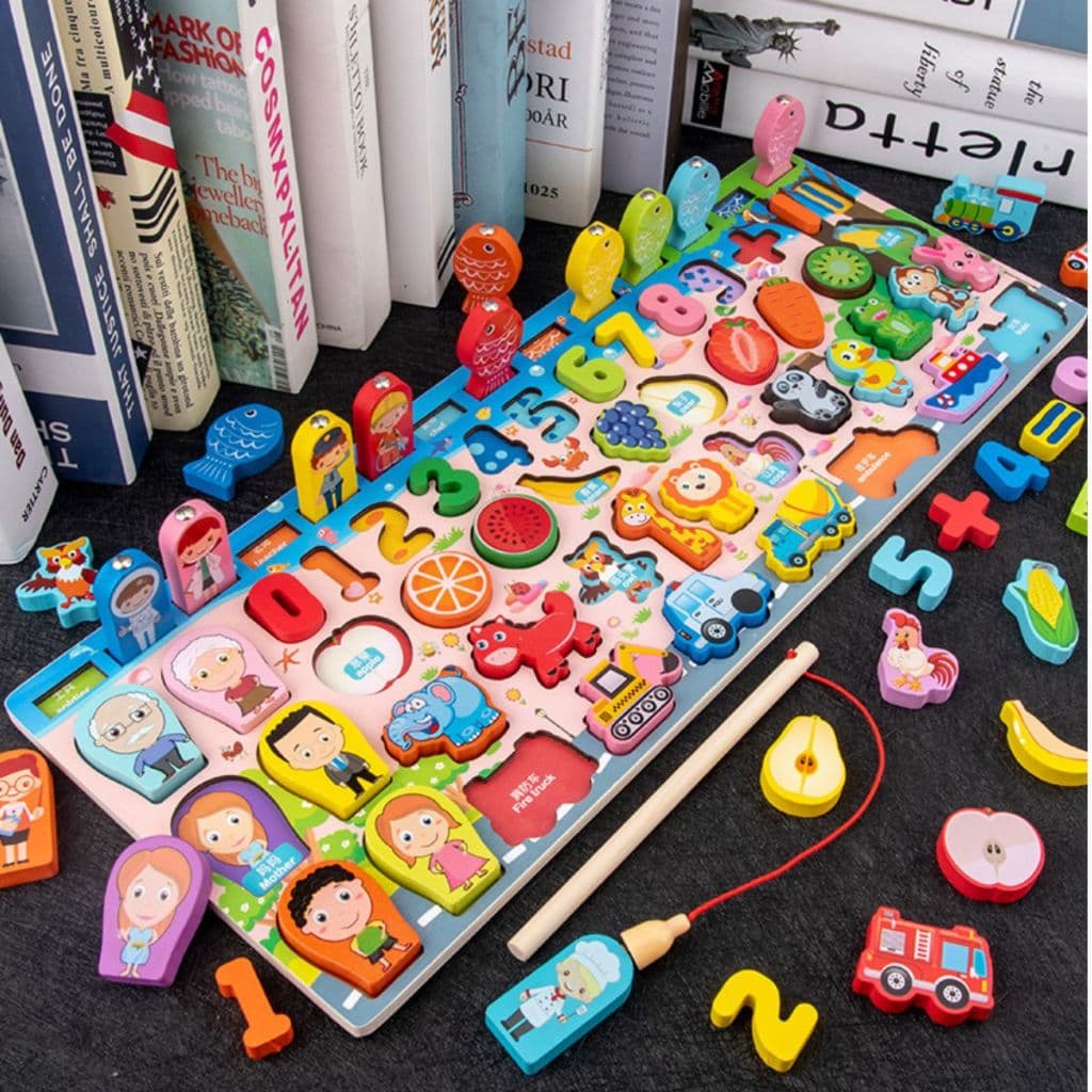 Brinquedo Educativo Montessori de Pescaria Magnética com Números, Animais e Frutas Tabuleiro Didático Infantil