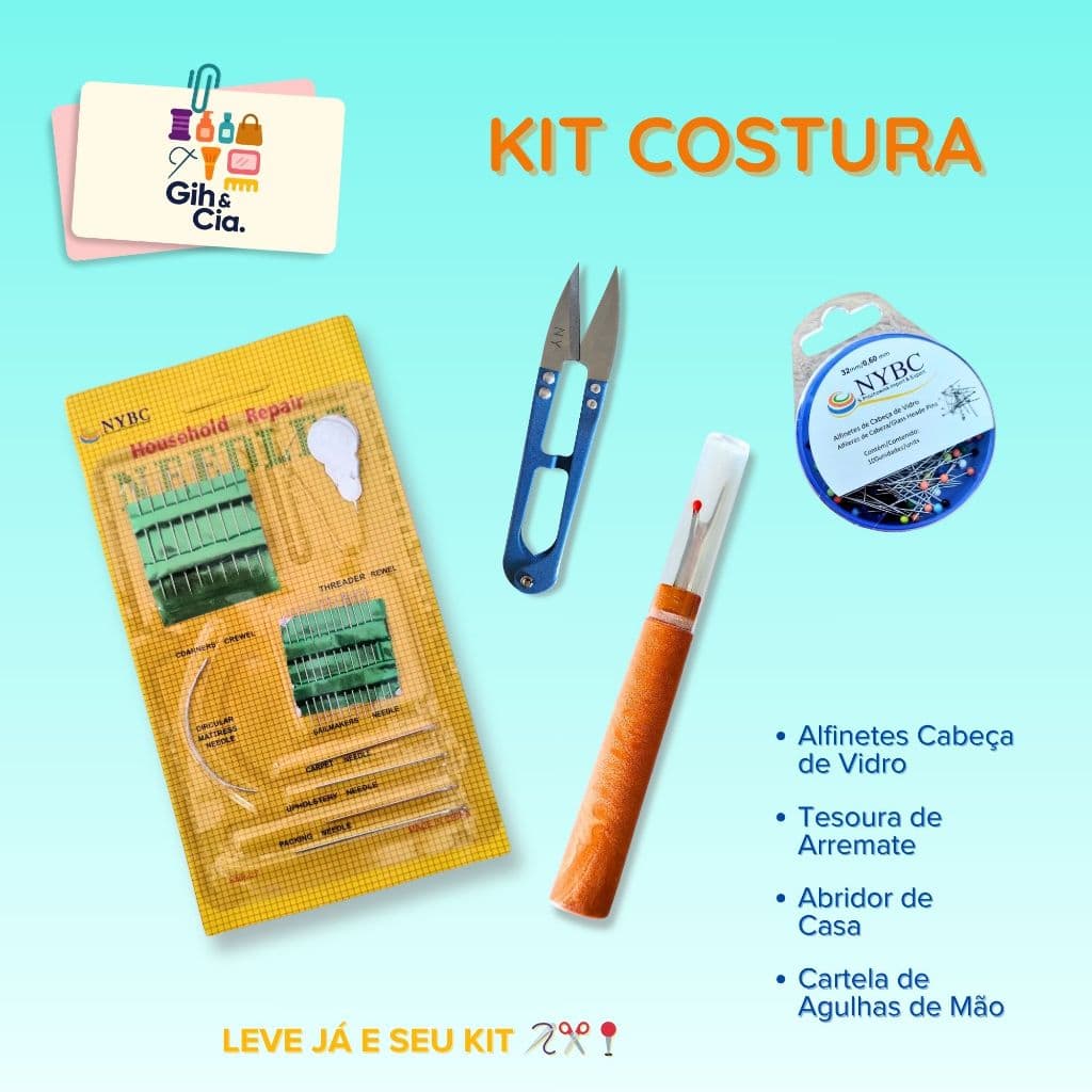 Kit Costura 26 Agulhas Tesoura de Arremate Abridor de Casa Compacto Alfinete Cabeça de Vidro