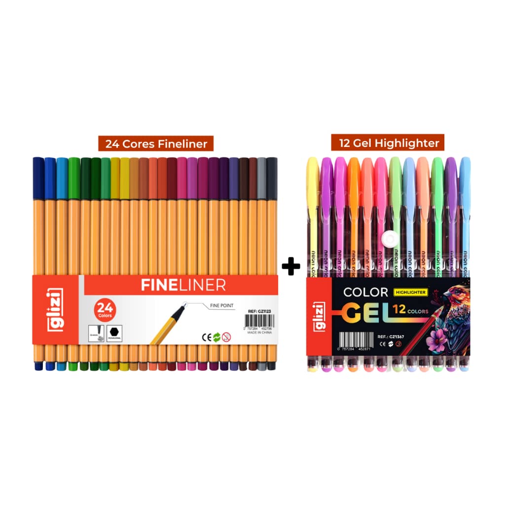 Kit Canetas Coloridas Ponta Fina Glizi Fineliner 24 Cores + Gel Highlighter 12 Cores | Traço Preciso + Cores Vibrantes