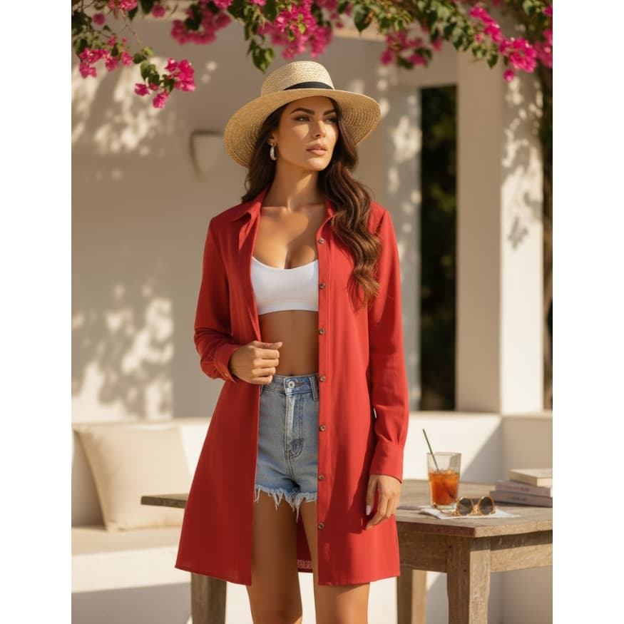 Chemise Saída de Praia Manga Longa Sem Bolso Vestido Moda Praia Tendência Elegante