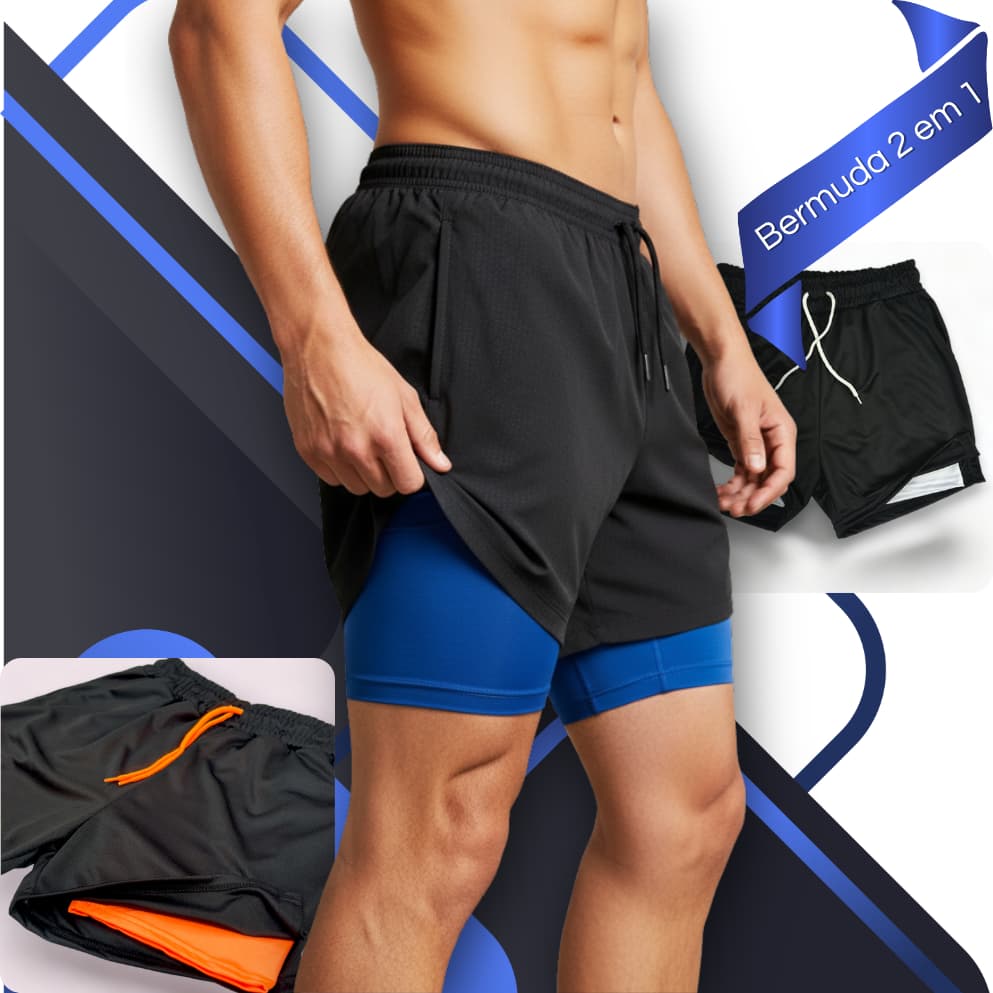Kit 3 Bermudas Masculinas 2 em 1 Academia Premium com Forro de compressão