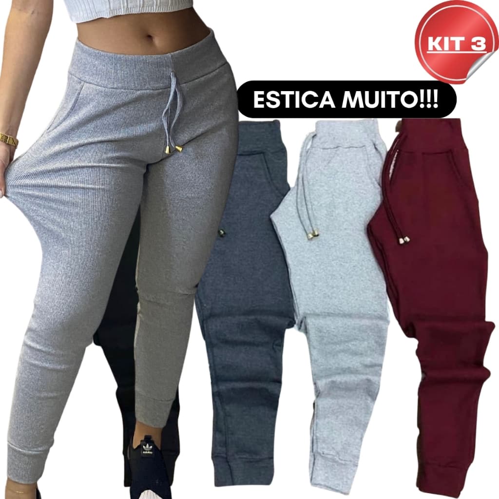 KIT 3 Calça Jogger Ribana Feminina Cintura Alta Tipo Calca Moletom Academia Feminino
