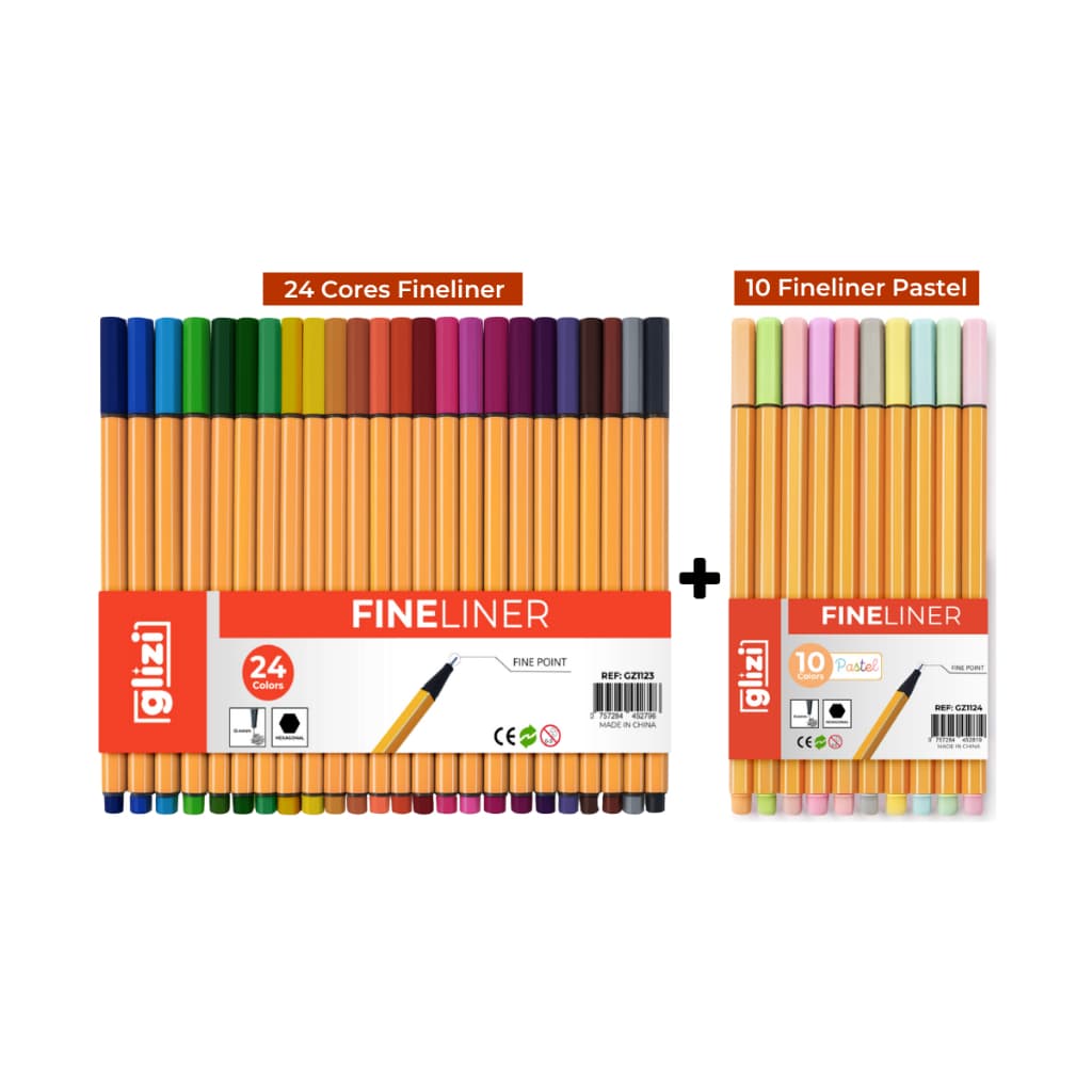 Kit Canetas Coloridas Glizi Fineliner 24 Cores + Pastel 10 Cores | Ponta Fina 0.4 mm | Traço Preciso e Cores Vibrantes