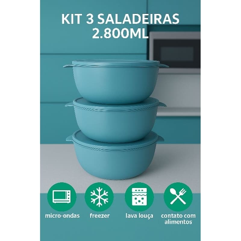 Kit 3 Saladeira Potes Tampa 2,800ML Armazenamento Alimentos Bacia Plastico