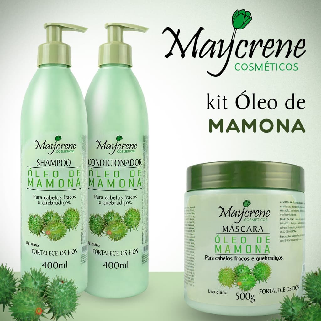 Kit Óleo de Mamona Maycrene Cosméticos - Shampoo+Condicionador+Máscara Fortalece e Recupera Cabelos Fracos e Quebrados