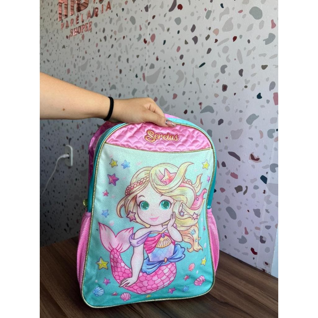 Mochila de Costas Sereias Clio Style Rosa com Verde Água Detalhes em Glitter Reforçada Original Escolar Infantil Menina