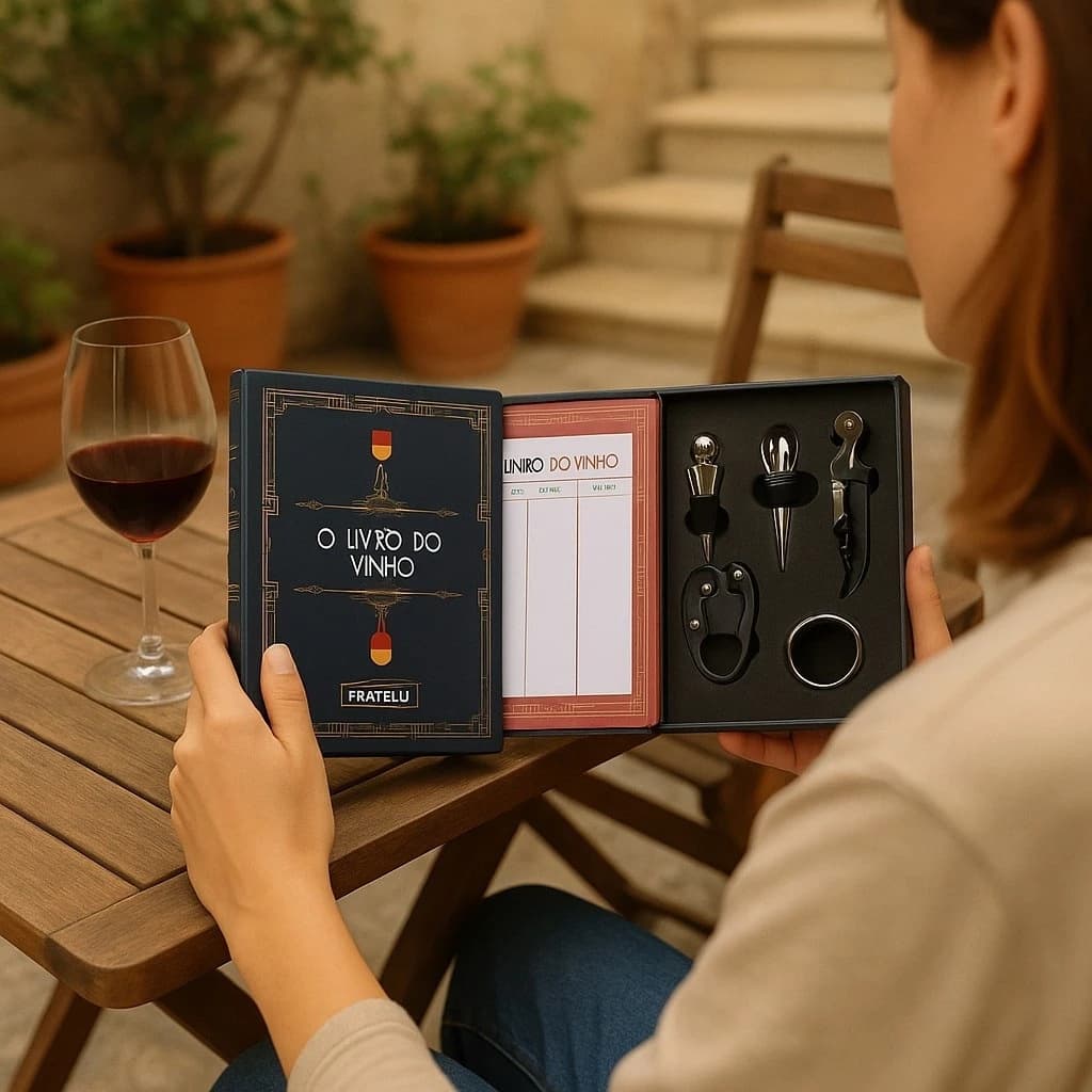 Kit Vinho 5 Peças Tampa Abridor Apreciadores Lacre Rosca Puxa Vinho Formato Livro Presente