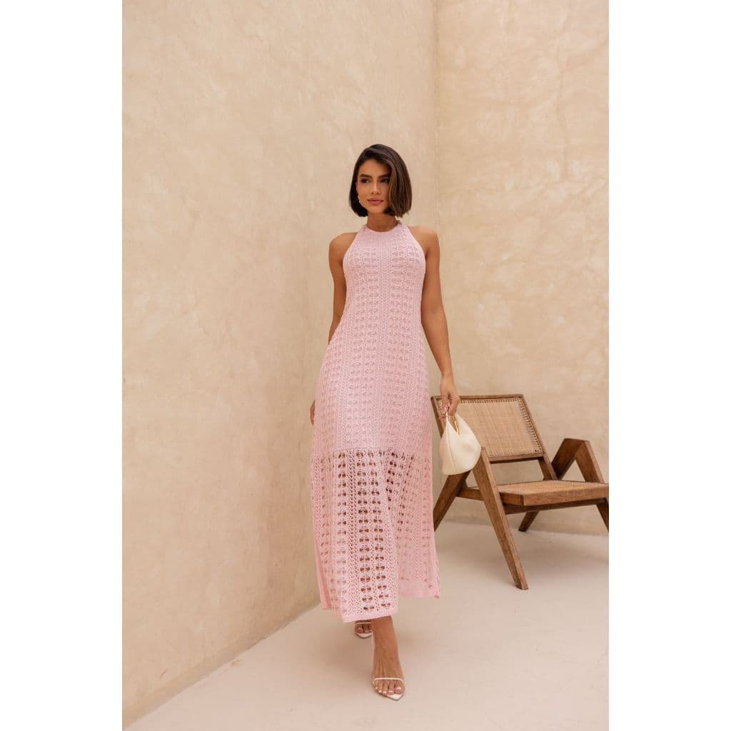 Vestido Longo Feminino Trico Sereia Croche Tricot Lançamento Verão Decote