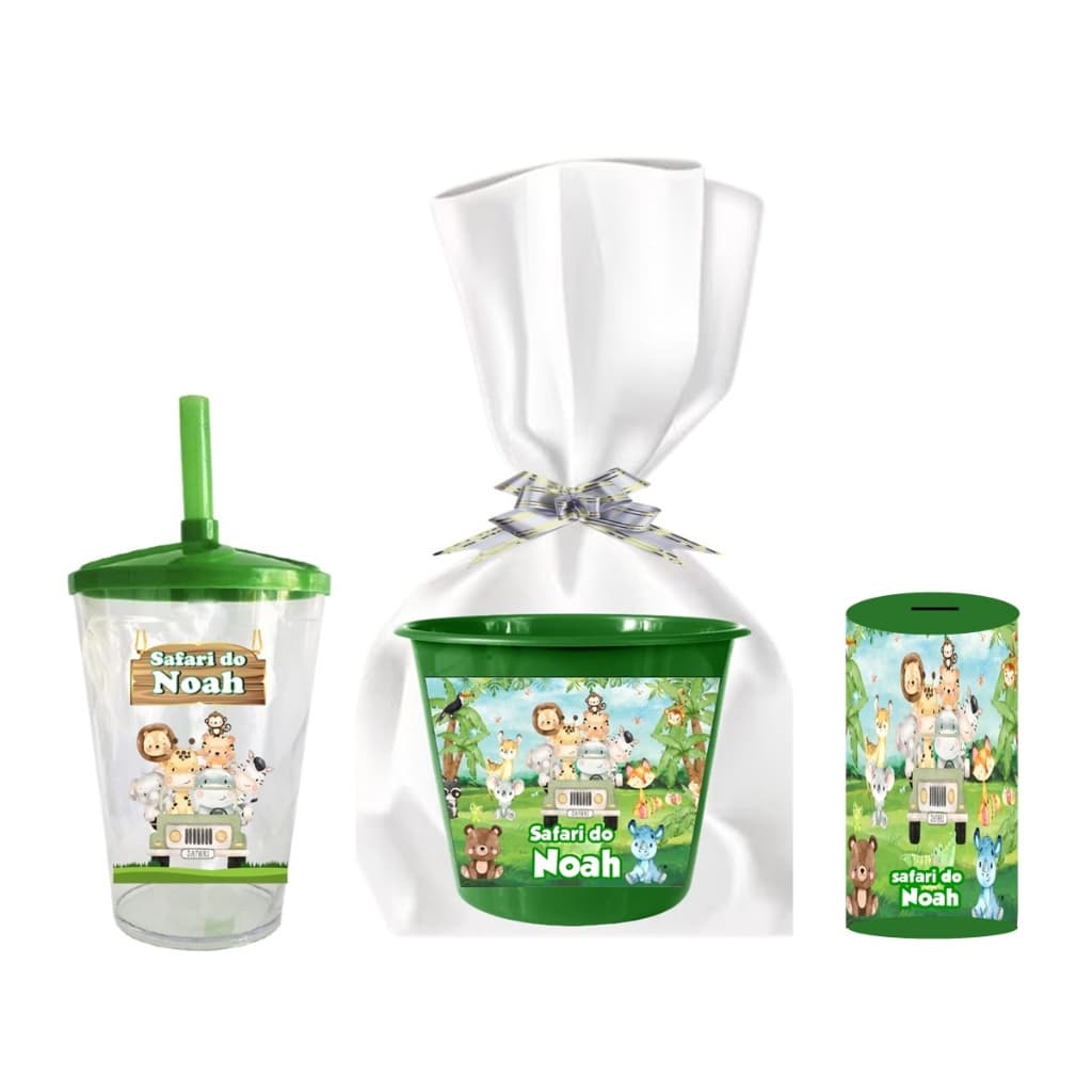 15 Copos Twister 400ml + 15 Baldes de Pipoca 1,5lt + 15 Cofrinhos Kit Festa Personalizado Safari