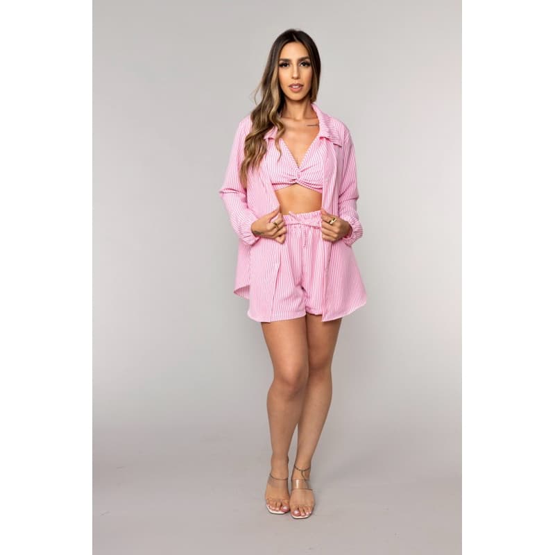 Trijunto Listrada Top camisa e Short  3 Peças