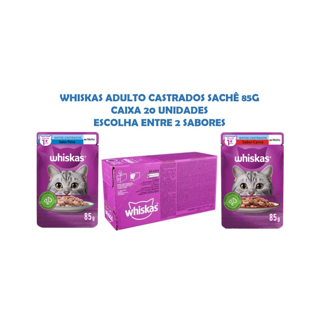Ração Úmida Whiskas Gatos Castrados Adultos Sachê Ao Molho 85g - Caixa 20 Unidades - Escolha o Sabor