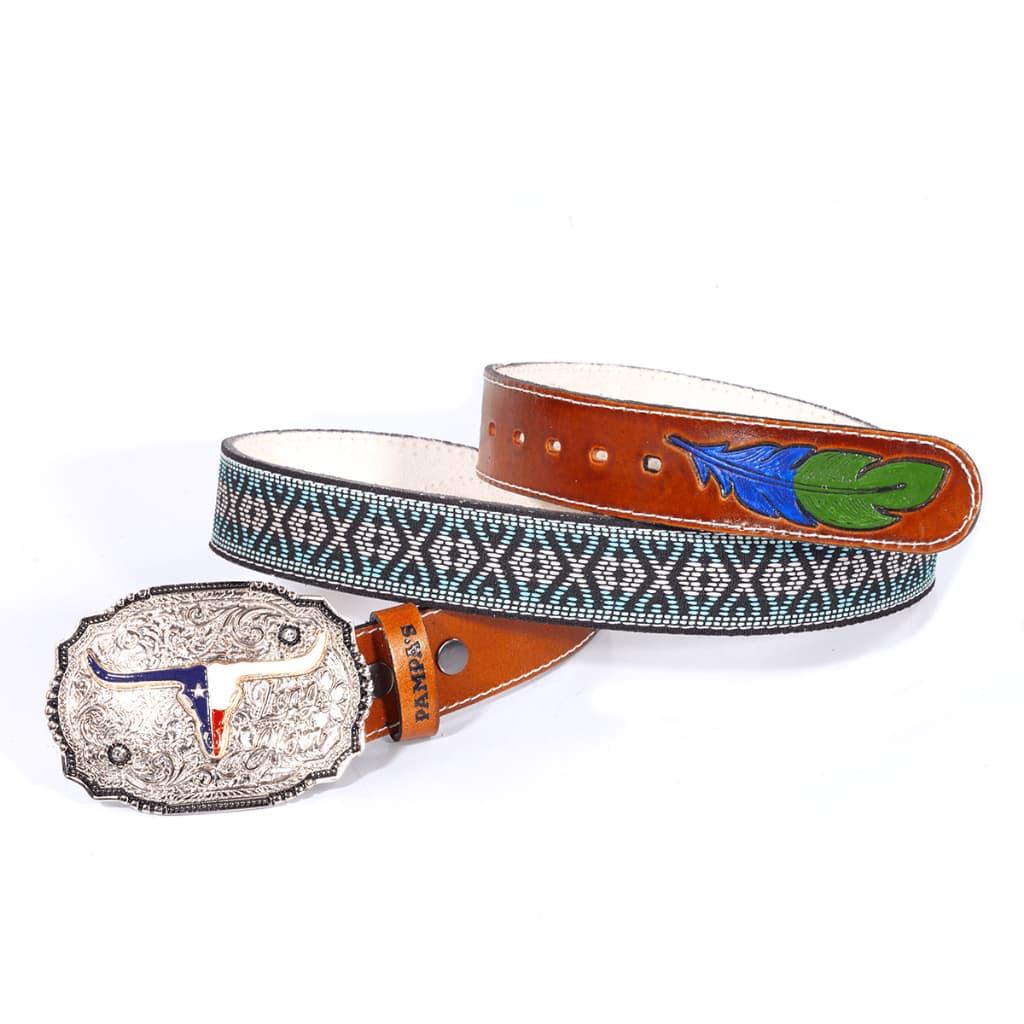Cinto Country Masculino Couro Bordado Pena Longhorn Fivela Removivel Grande Boi