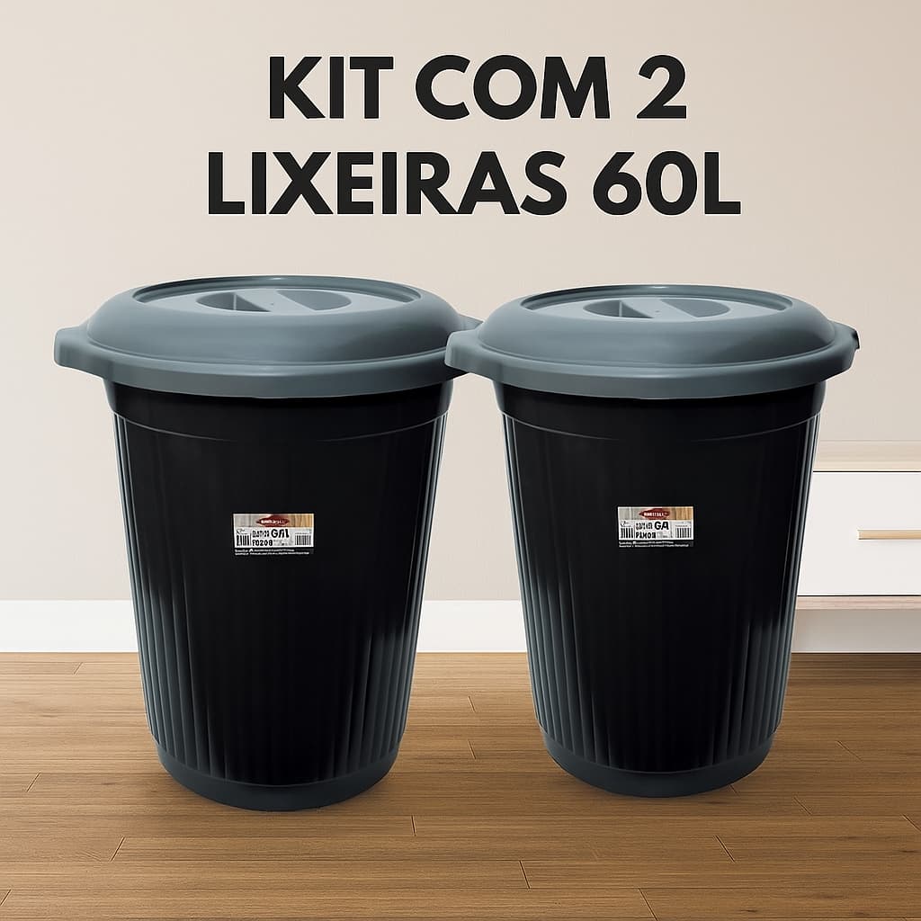 Kit Com 2 Lixeira Cesto de Lixo Grande 60 Litros Preto Com Tampa