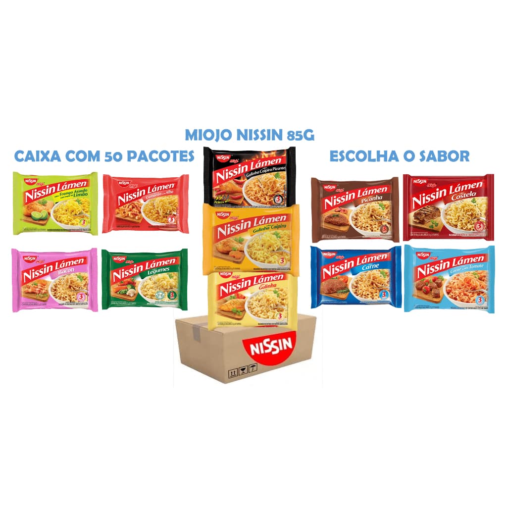Miojo Nissin Lamén 85g - Caixa com 50 Pacotes - Escolha o Sabor