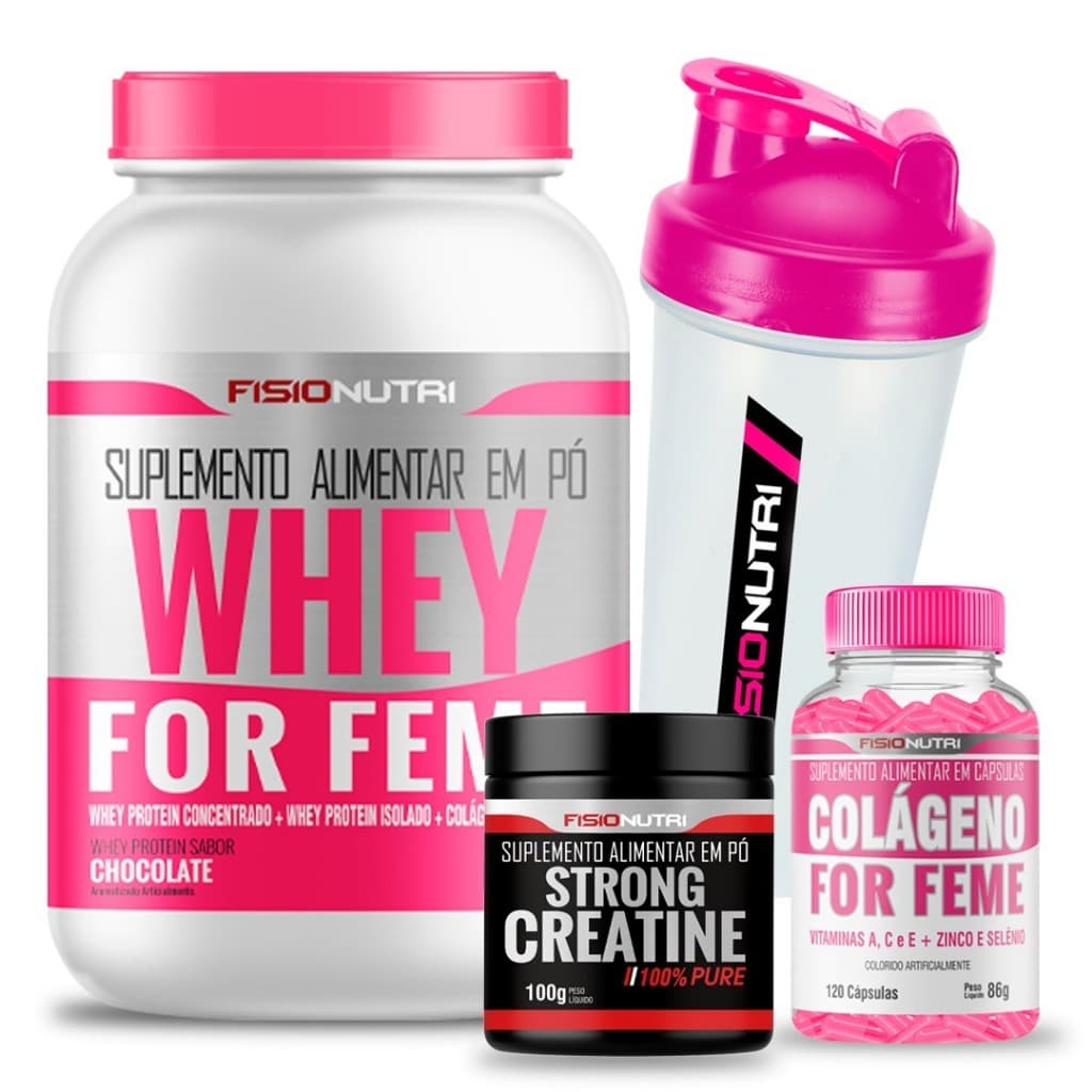 Kit 1 Whey For Feme 900g + 1 Creatina pura 100g + 1 Colágeno For Feme 120 Cápsulas + 1 Coqueteleira - Fisio Nutri