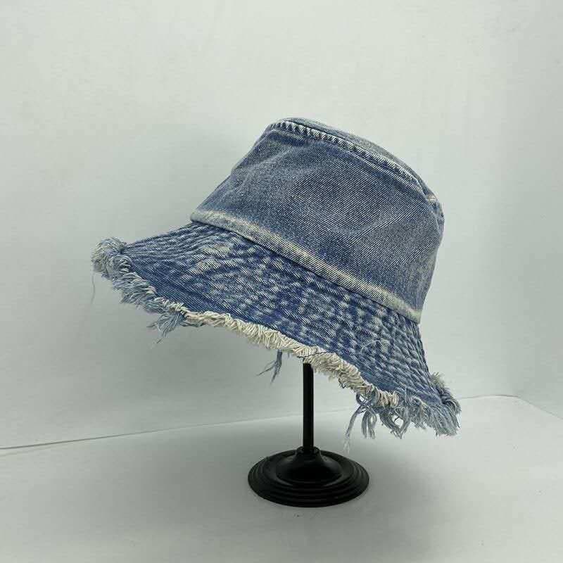 Chapeu Bucket Jeans Moda Streetwear Azul Desfiado Moderno