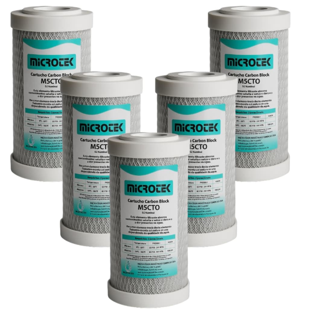 Kit 5 Refil 5" Carvão Ativado Filtro de Agua Purificador Tira Cloro e Odor da Água Microtek