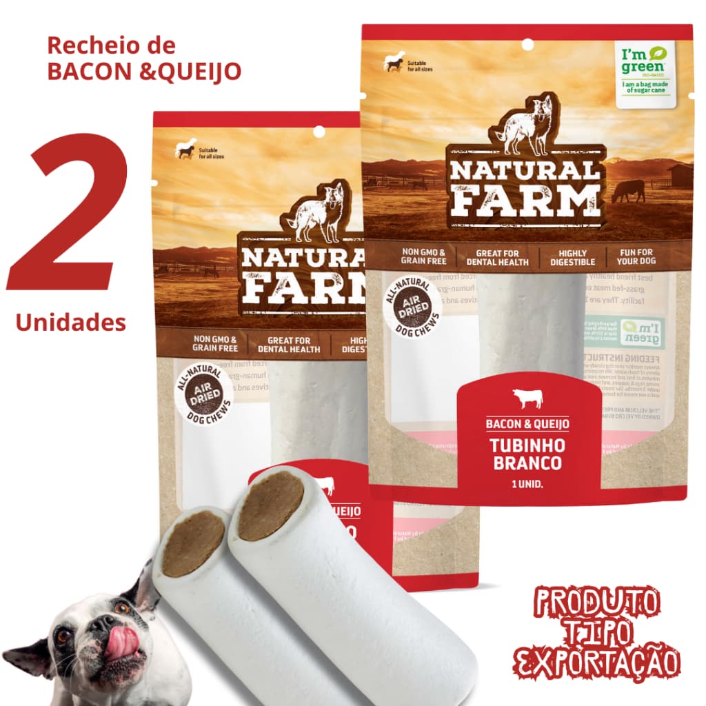 Osso Tubinho Branco Recheado Bacon e Queijo Petiscos Cachorro Saboroso- Natural Farm