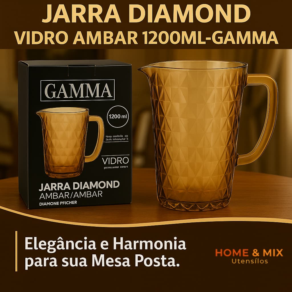 Jarra Diamond Ambar 1200ml em Vidro de Qualidade Resistente Água Suco Drink Buffet Gamma