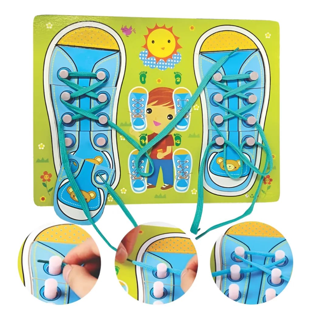 Brinquedo Educativo Amarrar Cadarço Sensorial Infantil em Madeira – Formato de Tênis