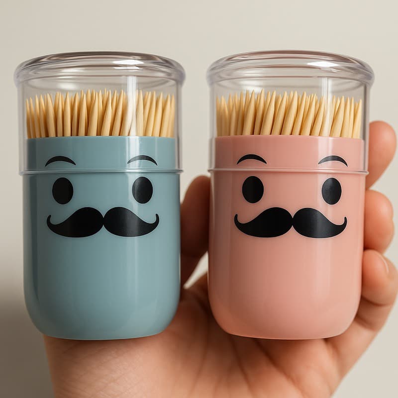 Paliteiro Com Palito De Dente Acrílico Rosa E Azul Com Palitos De Bambu Bigode