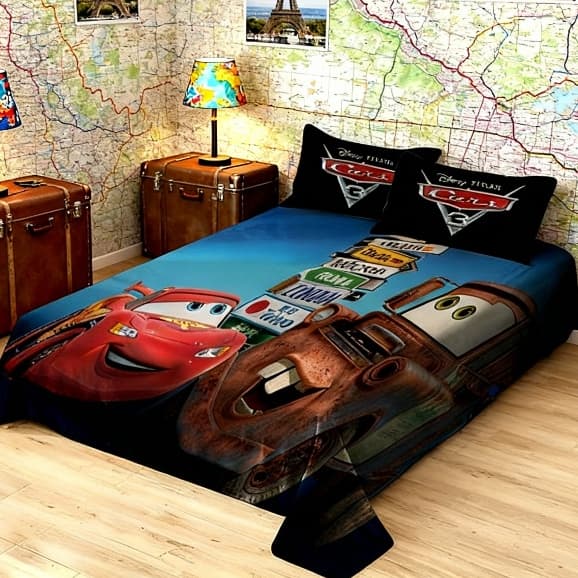 Lençol Queen Carros 3 Peças Sem Elástico LCQ 39  Quarto Infantil Divertido Estampado Carros Menino