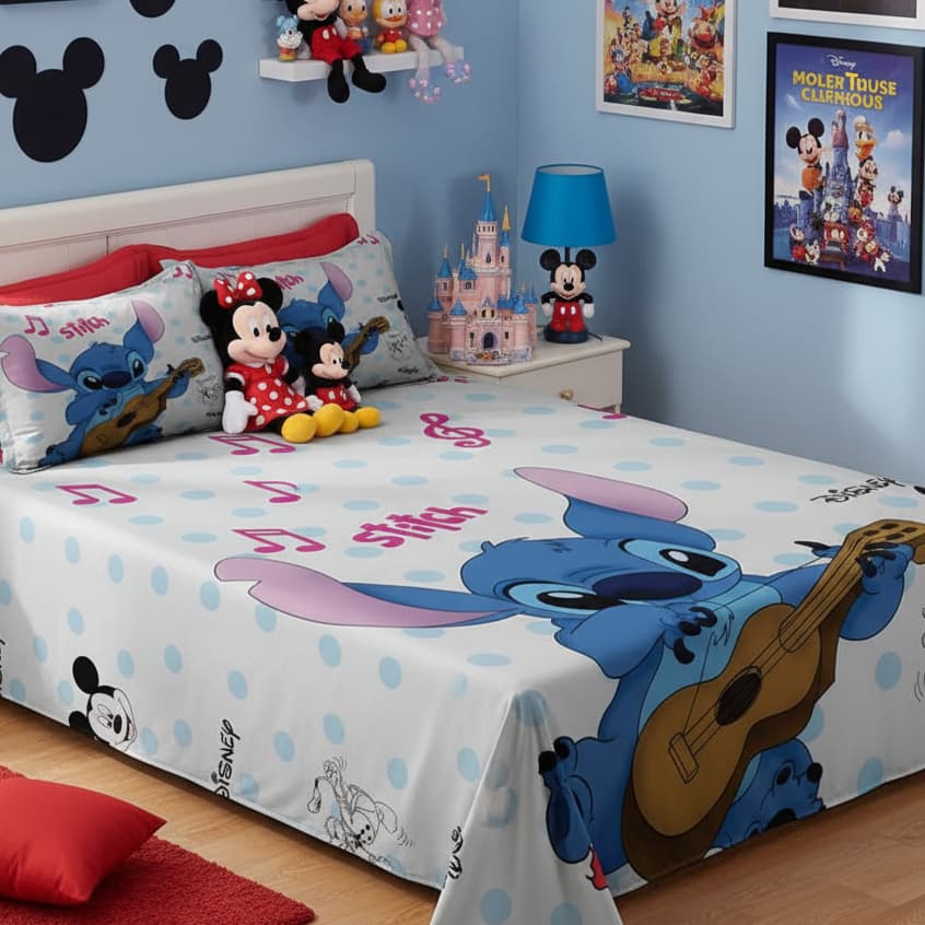 Lençol Queen Stitch 3 Peças Sem Elástico LCQ 40 Fronhas Inclusas Quarto Infantil Divertido Estampado