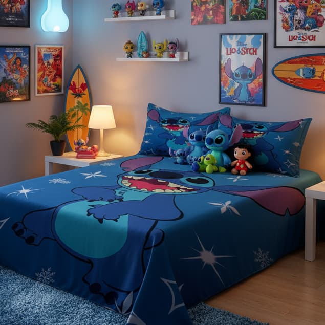 Lençol Queen Stitch 3 Peças Sem Elástico LCQ 41 Fronhas Inclusas Quarto Infantil Personagem Azul