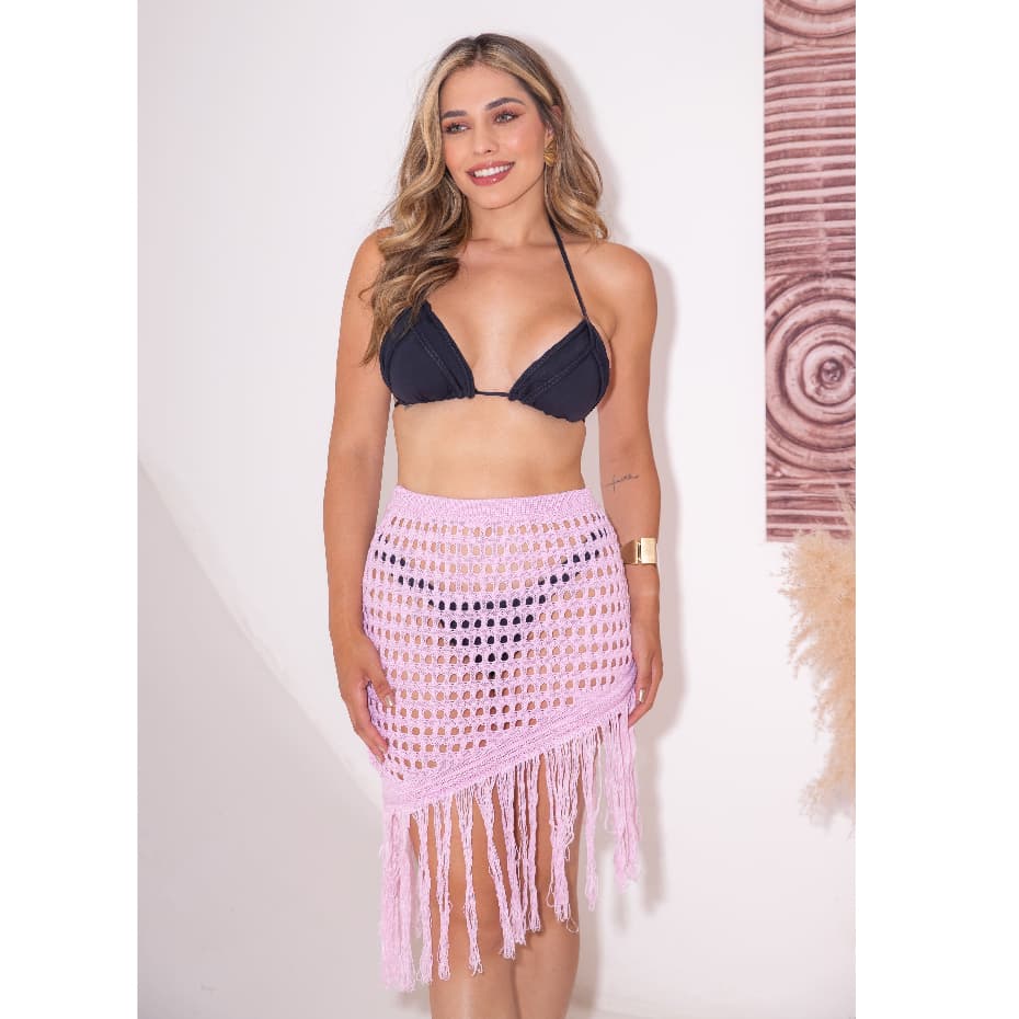 Saia Saída de Praia de Tricot Ponto Crochê Detalhes Franjas Assimétricas Lançamento Luxo Moda Verão