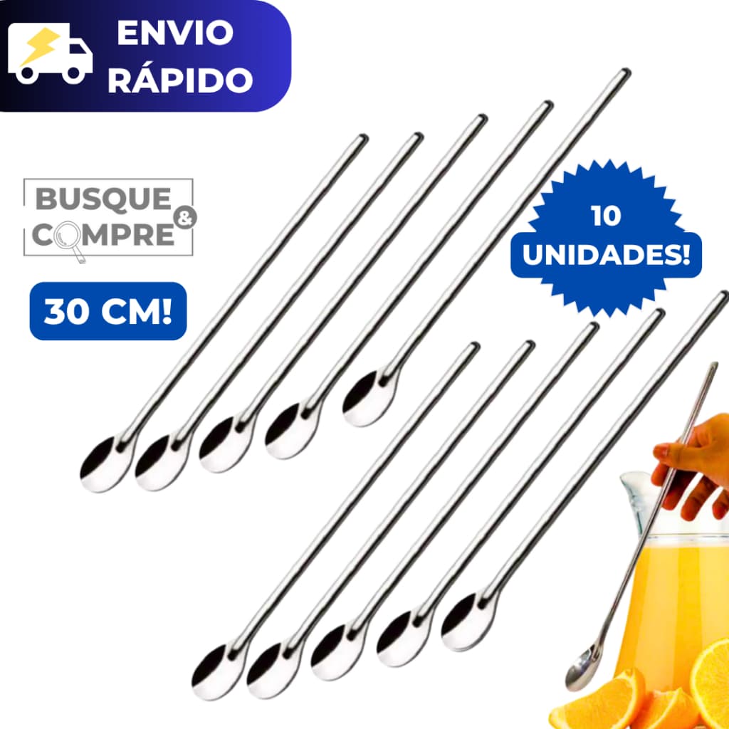 Kit 10 Colheres Grandes 30cm Colher para Sucos Drinks Milkshakes Bebidas Aço Inox para Cozinha Suco