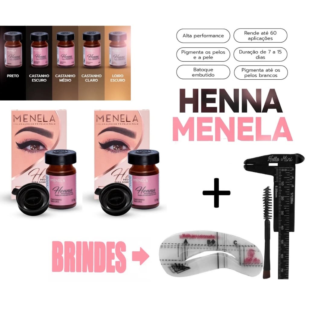 Henna Para Sobrancelhas Menela Profissional Pigmentação Pele e Pelo Paquímetro Mini Pincel Moldes