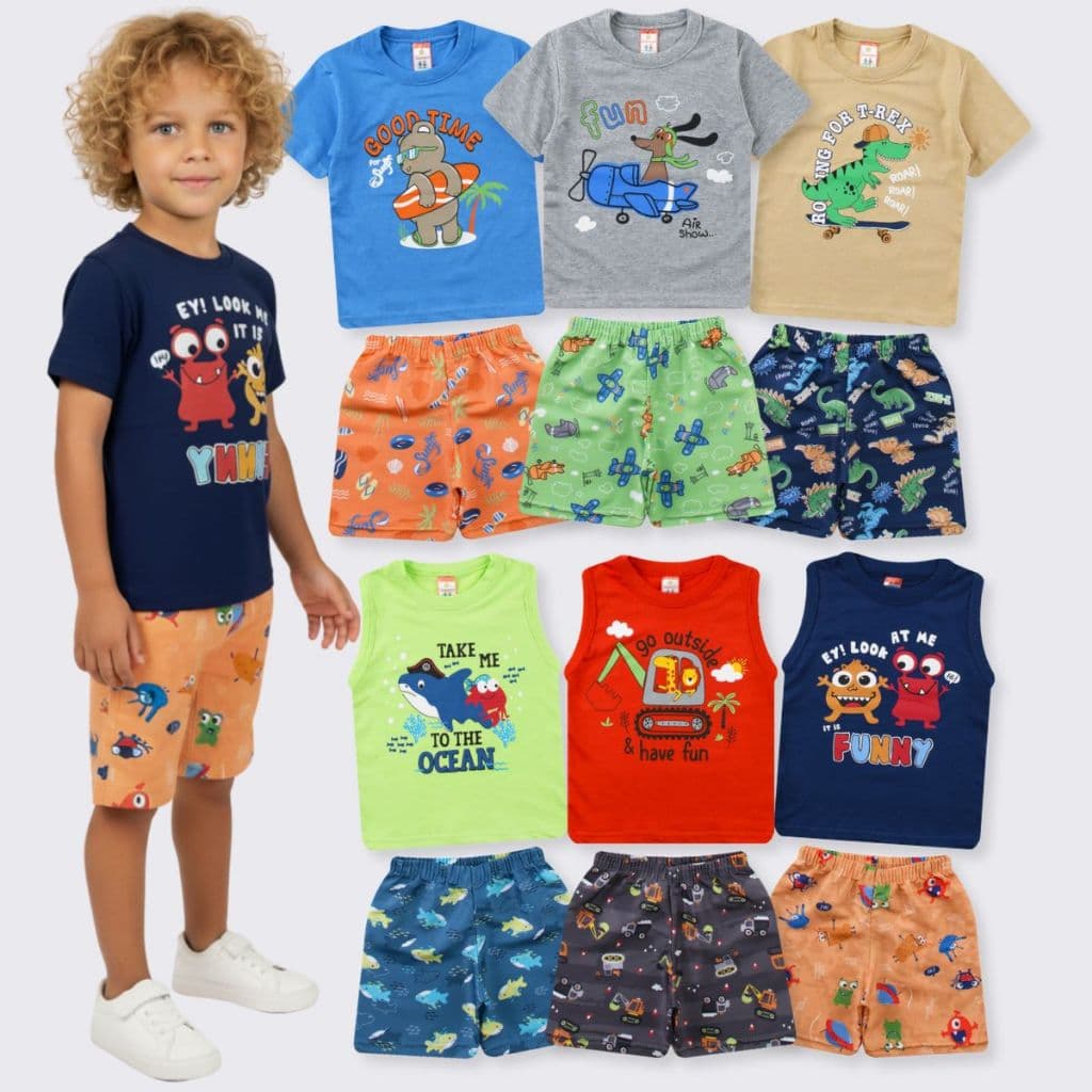 Kit 12 Peças 6 Conjunto Infantil Tactel Roupas Verão Menino Atacado