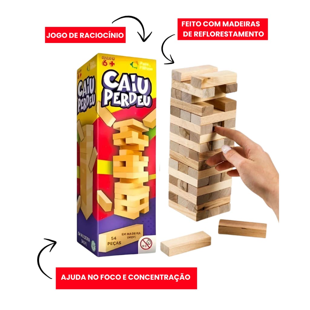 Jogo Caiu Perdeu Torre Madeira Equilíbrio Brinquedo 54pcs