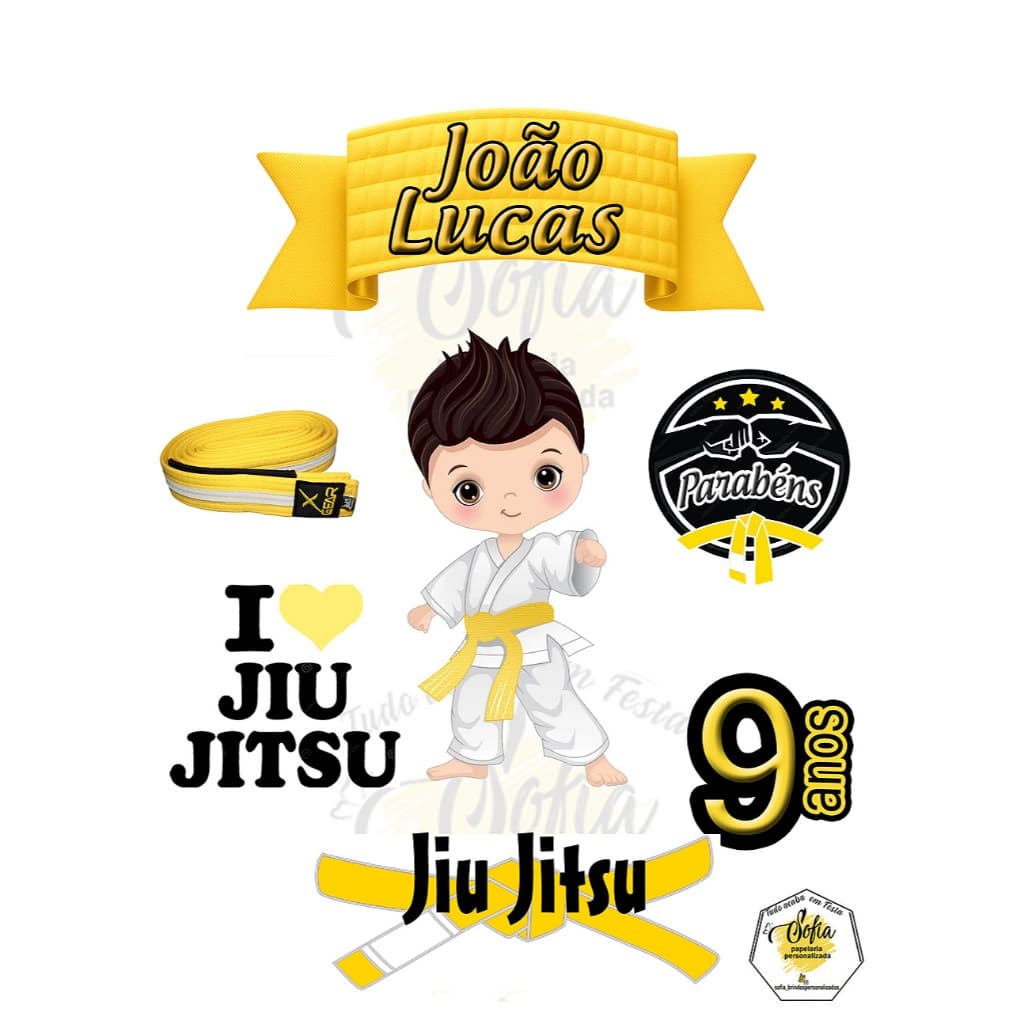 Topo de bolo jiu jitsu kimono branco e faixa amarela/branca topper personalizado