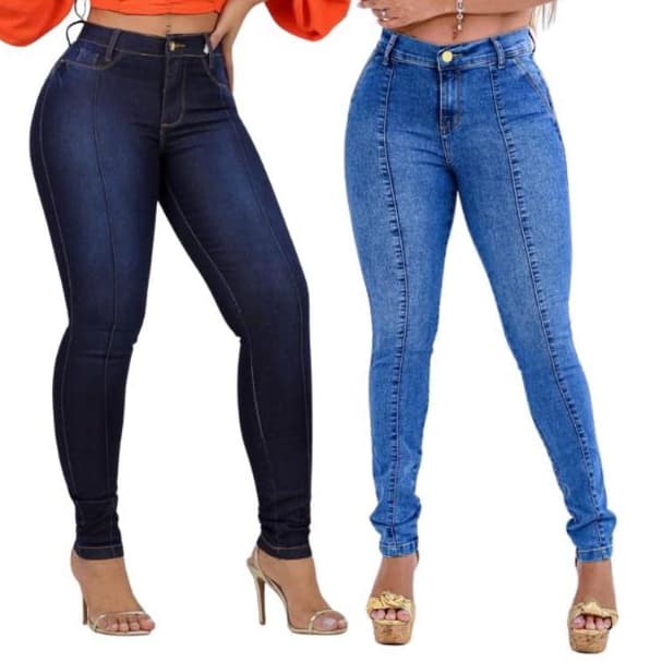 Kit 2 Calça Jeans Skinny Feminina Cintura Alta Modelagem Empina Bumbum Com Elastano/Lycra