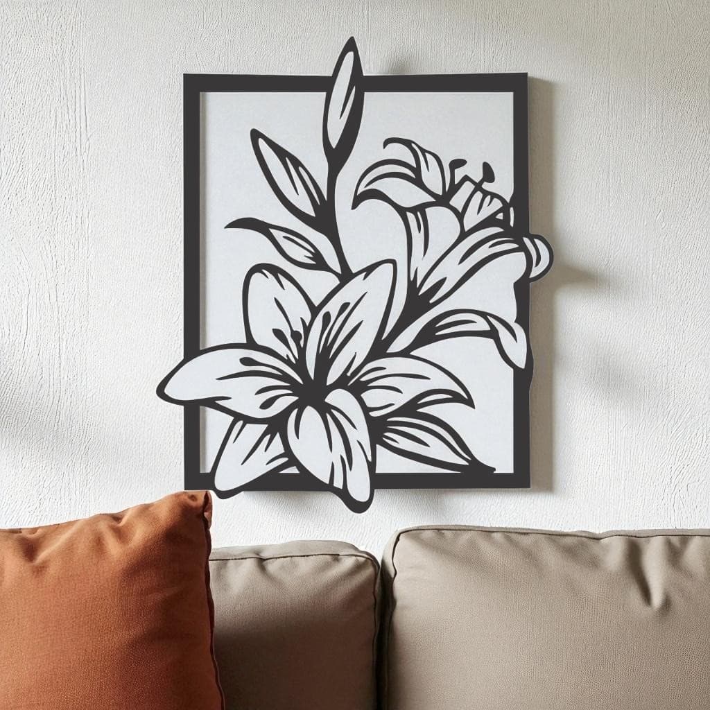 Quadro Decorativo Lírios 3D MDF 3mm Preto Fosco Decoração Parede Sala Quarto Infantil