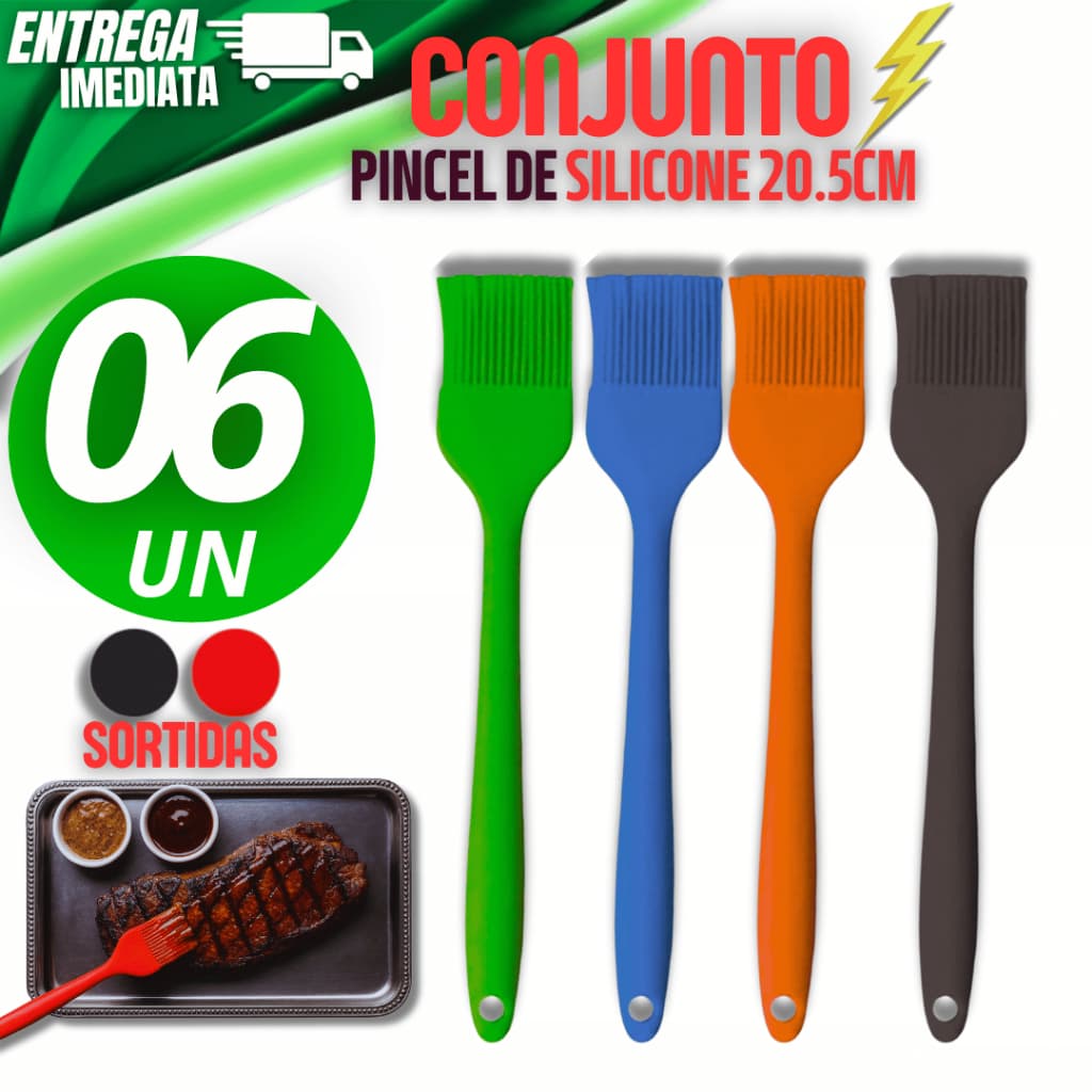 Kit 06 Pincéis Silicone Culinário 20.5cm Massas Carnes Ovos Confeitaria melhor preparo na cozinha