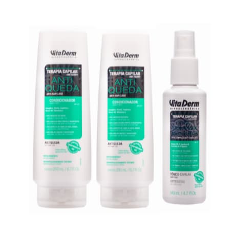 Kit Antiqueda Home Care Vitaderm • Shampoo + Condicionador + Tônico • Fortalecimento e Crescimento