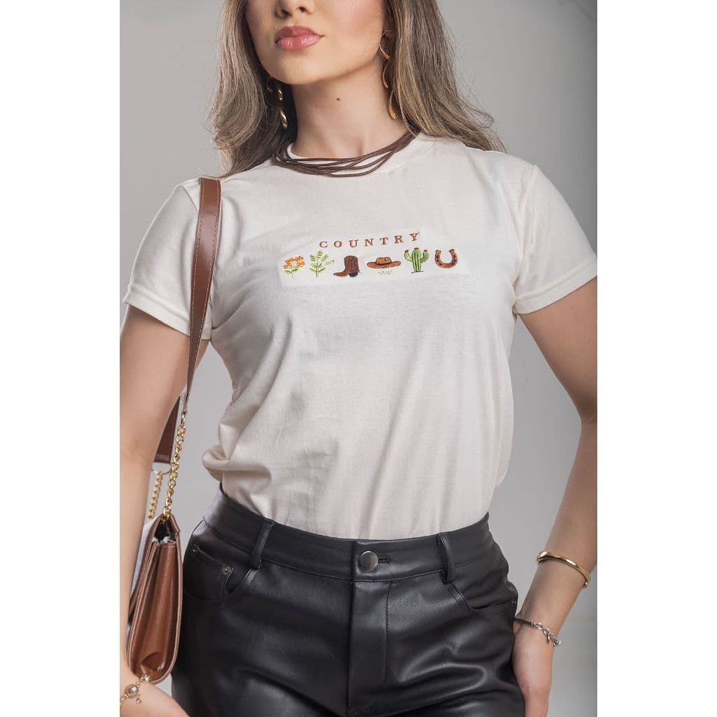 BLUSA T-SHIRT FEMININA BORDADA, BABY LOOK 100% ALGODÃO ,MODA COUNTRY CASUAL TAM: P,M,G e GG