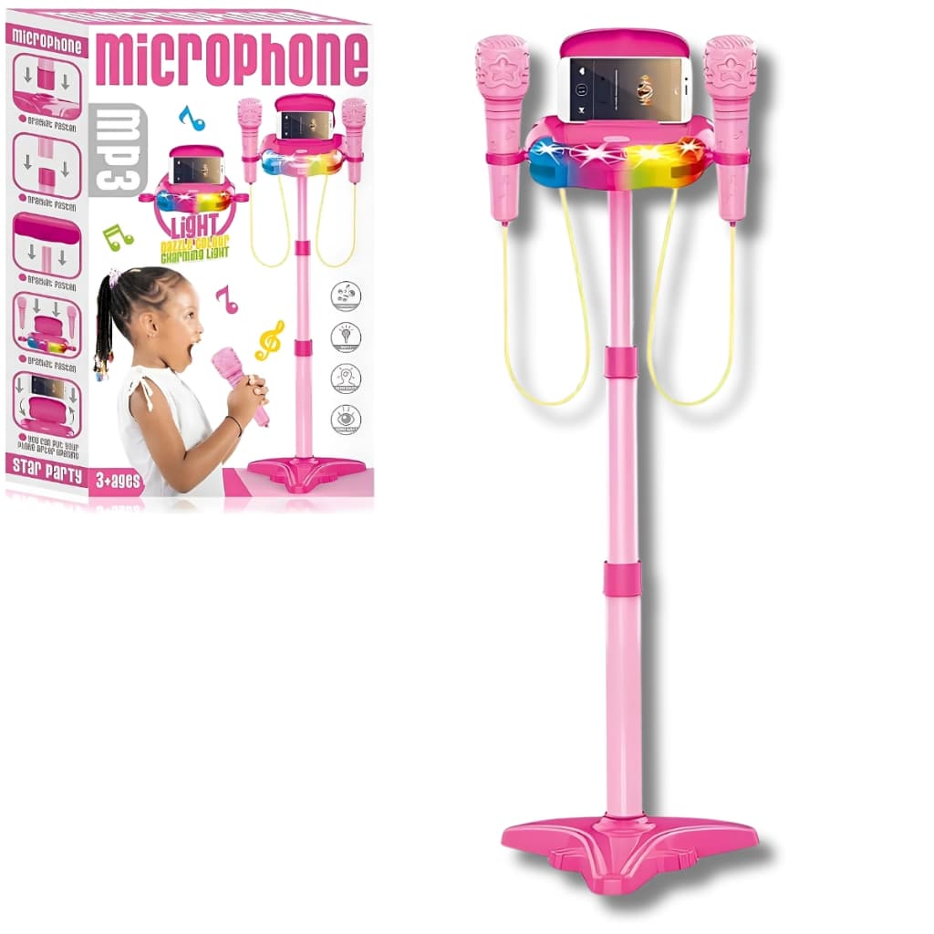 Microfone Duplo De Brinquedo Com Pedestal Luz E Som Rosa - Castela