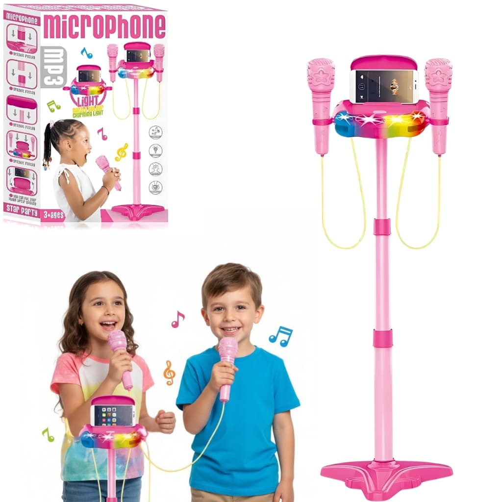 Microfone Infantil Duplo De Pedestal C/ Luz Som E Suporte de Celular Rosa - Castela