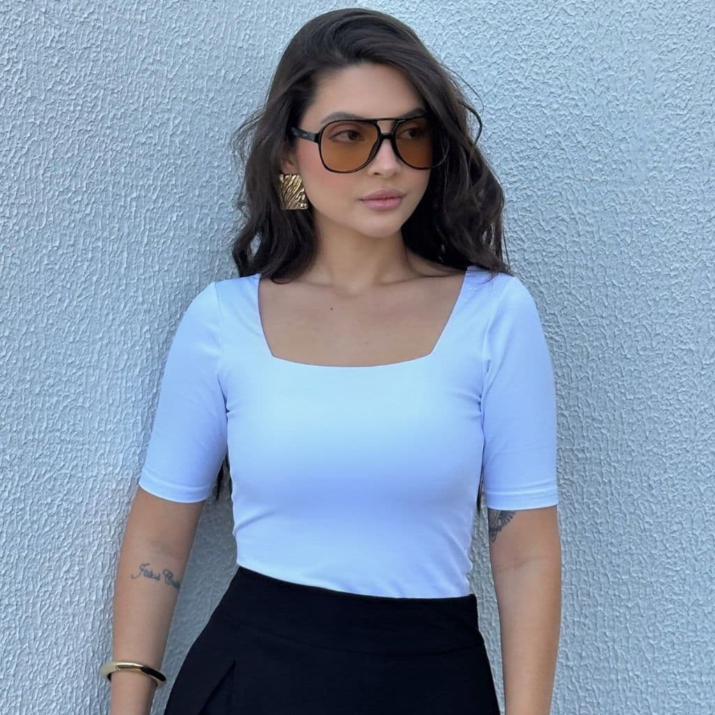 Blusa Feminina Decote Quadrado Manga 3/4 Casual Trabalho Básica
