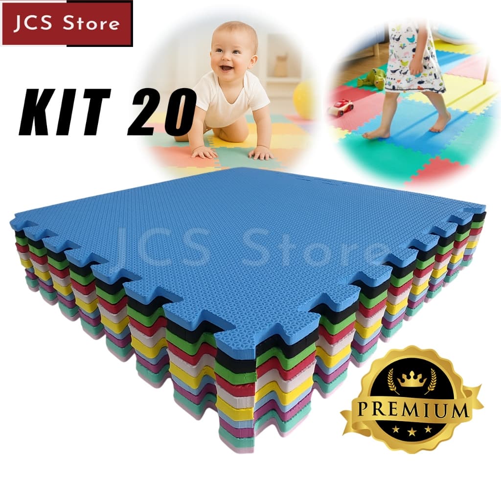 Kit 20 Tatame EVA 50x50x10mm com Bordas | Piso Emborrachado Academia, Exercícios, Infantil e Yoga