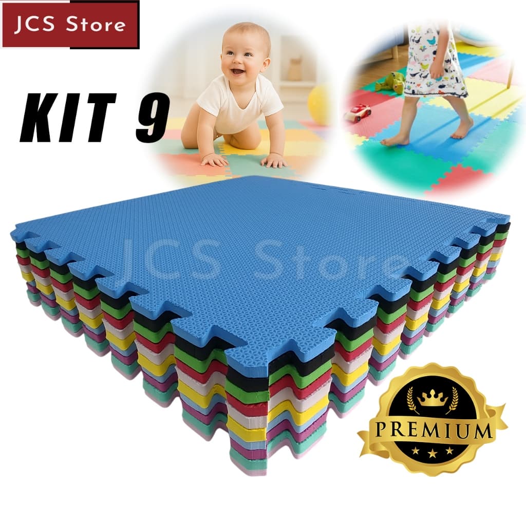 Kit 9 Tatame EVA 50x50x10mm com Bordas | Piso Emborrachado Academia, Exercícios, Infantil e Yoga