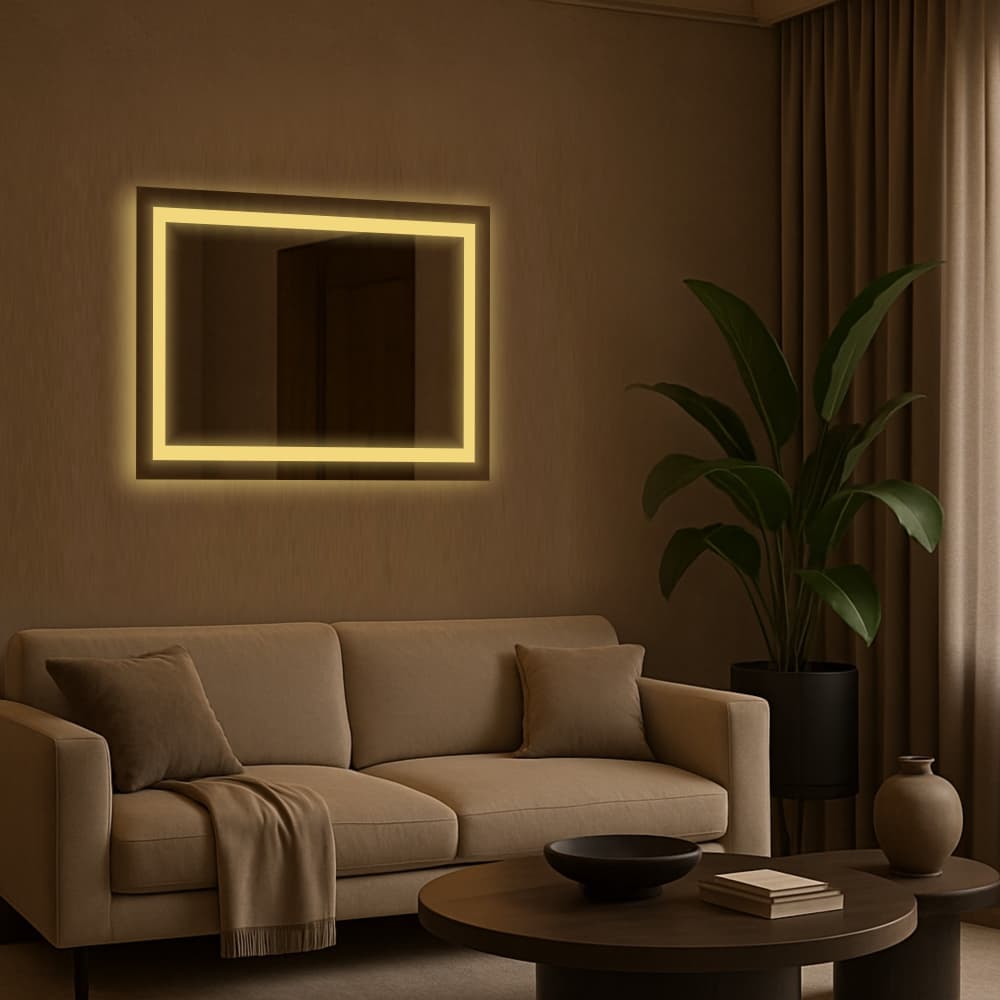 Espelho Retangular 100cm x 60cm Led Jateado Grande Decorativo Bivolt Moderno Sala Quarto Banheiro Hotel 3 TONS DE LED