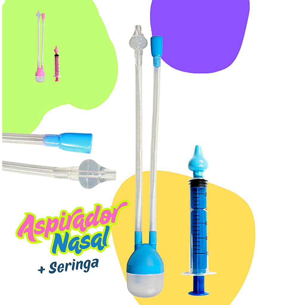 Kit Aspirador Nasal + Seringa Bebe Soro Catarro Nariz Sugador Higiene Resfriado Meleca Lavagem