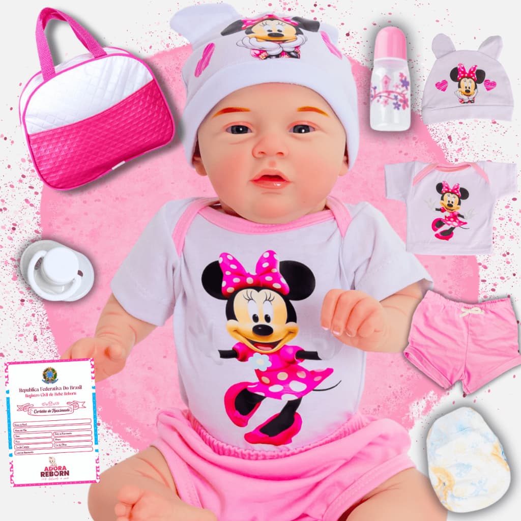 Bebê Reborn Boneco Menina Realista Minnie Original Corpinho Em Silicone Com Bolsa Maternidade