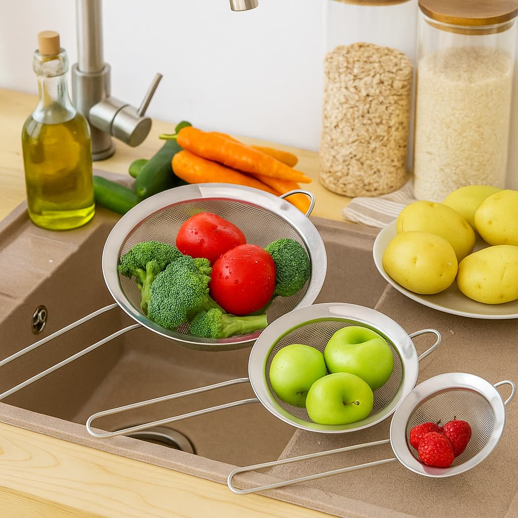 Kit 3pçs Peneira Coador Em Aço Inox Para Cozinha - 3 Tamanhos P M G 8/10/12 cm
